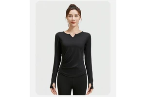 Slimming Sports Fitness Crop Workout for Adults V-Neck Pleated Waist Long-Sleeved Naked Seamless Yoga Top
