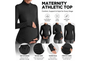 Pregnant Women Workout Sports Top Half Zipper Stand Collar Pregnancy Stretch Pleated Long Sleeve Yoga Quick Dry Spandex