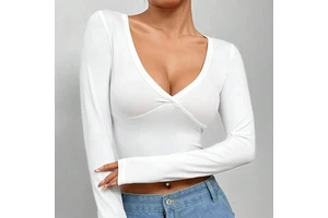 China Factory Quick-drying Outerwear with Chest Pads Fitness Tight Deep V Neck Sports T-shirts Long Sleeve Yoga Tops for Woman