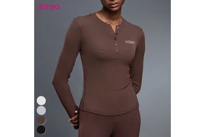 Janya Women's Henley Collar Gym Tops Casual Workout Shirt Button Closure Comfortable Modal Long Sleeve Yoga Sports T-Shirt