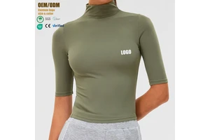 Women's Cute Tight Quick-drying Nylon Spandex Sports T-shirt High Collar Mid-sleeve Outerwear Yoga Outdoor Running Fitness Top