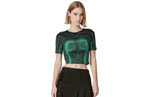Women's Open Navel Round Neck Short-Sleeved New Fashion Slim Fit Streetwear Breathable and Sustainable Print Top