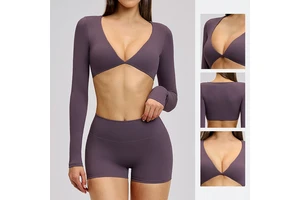 Casual Yoga Long-Sleeve V-Neck Fashionable Cropped Sports Top for Outdoor Fitness Running T-Shirt for Women