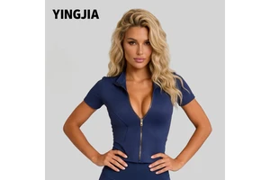 Peach Gold Zipper Yoga Coat Short-sleeved Slim-fit Seamless Sweat-Wicking Spandex/Polyester Fashion Running Tight for Women