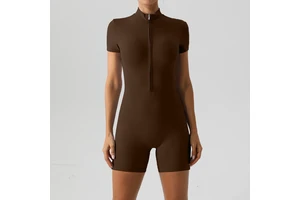 Women's High Waist Solid Color Zipper Front Short Sleeve Singlet Minimalist Yoga Wear Quick Dry Spandex Cotton High Stretch