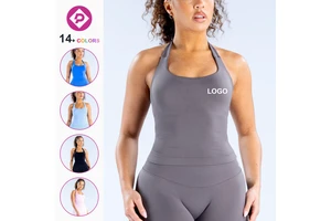 Seamless High Elastic Halter Neck Breathable Workout Tank Top Backless Square Neck Gym Sports Vest Yoga Tops