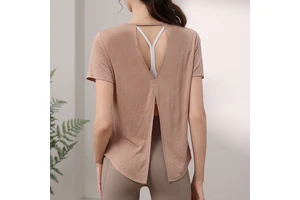 Viscose/Polyester Short Sleeve Yoga Wear Sports Top Women's Breathable Loose Fit Back Blouse Running Aerobics Pilates Fitness