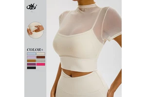 Sexy Mesh 2-in-1 Design Short Sleeve T-shirt Integrate Chest Pad Breathable Comfortable Sports Wear Elegant Yoga Top for Women