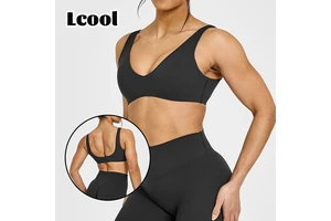 Lcool Custom Soft Padded Running Yoga Fitness Top Deep Neck Gym Bra Solid V Neck High Impact Sports Bra