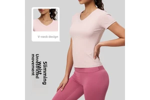 2026 New Peach Basic V-neck Short-sleeved Spandex/Polyester Solid Sports Fitness Running Breathable Slim Yoga Top Women