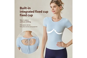 Custom Women's Neck Short Sleeve Lightweight Recyclable Fitness Top Built-in Fixed Cup Open Back Tie 4-Way Stretch Breathable