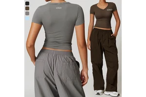 G Top-DDX8694-2 Breathable Short Sleeve Tops V Neck Sportswear T-Shirt Strength Training Yoga Crop Tops for Women
