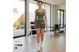 Custom LOGO Cropped Tank Top Yoga Set 2 Piece High Waist Yoga Shorts With Crisscross Back For Pilates Fitness Wear