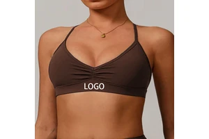 Custom OEM Womens Ruched V Neck Sports Bra Thin Spaghetti Strap Cross Back Four Way Stretch Yoga Fitness Workout Top