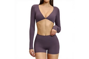 Women's Casual Cross-Border Yoga Long-Sleeve V-Neck Fashionable Cropped Tight-Fitting Spandex/Nylon Sweat-Wicking Sports Top
