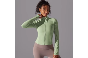 Solid Stand Collar Long Zip Jacket Brushed Fitted Yoga Top Women Running Workout Long Sleeve Slim Fit