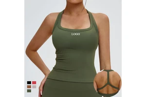 Custom Sustainable Recyclable Scoop Halter Neck Gym Sports Tank Tops Bra 4-Way Stretch Removable Pad Backless Yoga Tank Tops