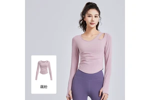 Exercise and Fitness Slimming Off-the-shoulder Hollowed-out Pleated Form-fitting Pilates Yoga Wear, Yoga Long-sleeved Top