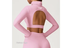 Factory Wholesale Women's Long Sleeve Crop Top High Neck Open Back Activewear for Gym Fitness Workout Yoga Athletic Sports Top