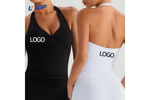 Women High Supportive Breathable Active Running Yoga Halter Crop Top V-Neck Crisscross Gym Workout Built-In Bra Tank Top Front