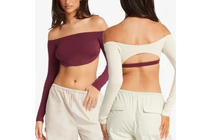 Women's Tight Fitting Elastic Fitness T-Shirt One Line Neck Off Shoulder Yoga Shirt Beautiful Back Long Sleeved Top