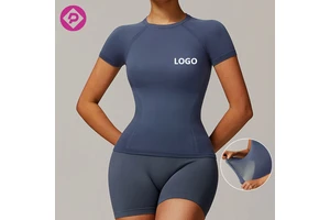 Custom Breathable Washed Gym Running Tank Top Seamless Short Sleeved Tshirt Fitness Sport Bra Yoga Activewear Women Workout