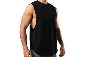 Men's Fitness T-shirt Sports Vest Round Neck Curved Hem Sleeveless Tank Top Elastic Solid Color Men's Gym Tank Tops