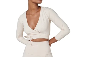 Aoyema Sexy Athletic Workout Gym Sportswear Running V Neck Yoga Cross Long Sleeve Bandage Activewear Women Crop Top