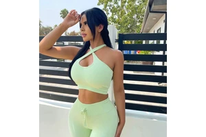 Wholesale Custom Women's Cross Halter Tank Top Ribbed Stretch Top and Leggings Gym Fitness Clothing Seamless Yoga Set