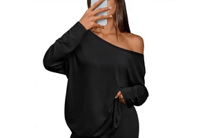 Womens Off The Shoulder Tops Oversized Solid Long Sleeve Casual Washable Tshirts 2026