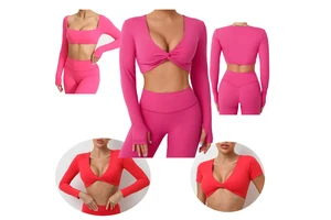 Sports Front Deep V Neck Active Wear Gym Fitness Solid Long Sleeve Twist Crop Seamless Tops Padded Sports Bra Yoga Shirt