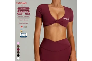 Women's Front Twist Deep V Neck Breathable Skinny Fit Workout Crop Tops Sexy Backless Short Sleeve Quick Dry Yoga Pilates Gym
