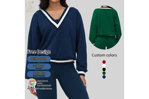 Women's Color Block V-Neck Sweatshirt Loose Casual Long Sleeve Comfortable Sports Solid Yoga Top Ropa Deportiva Mujer for Gym