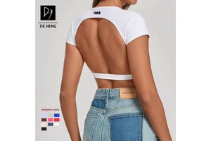 Padded Women Sexy Back Open Athletic Short Sleeve Shirts Fitness Yoga Sports Bra Lightweight Breathable Workout Crop Tops