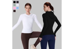 Custom Logo Breathable Thumb Hole Running Workout Tops Long Sleeve Gym Fitness T Shirt Hooded Yoga Shirts for Women