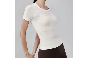 Women Seamless Mesh Yoga Workout T-Shirt Short Sleeve Skinny Fit Quick Dry Four Way Stretch Breathable Nylon