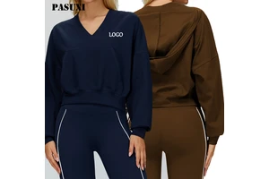 PASUXI Cropped Hoodie Women V-neck Oversized Relaxed Fit Long Sleeve Pullover Yoga Top Winter Streetwear