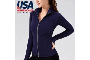 USA Oversea Warehouse Women's Yoga Jacket Gold Zipper Breathable Skinny Fit Stand Collar Spandex/Polyester Full Sleeve