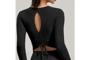Beauty Back Yoga Clothes Women's Crew Neck Breathable Pleated Slim Fitness Top Chest Pad Running Sports Long Sleeve