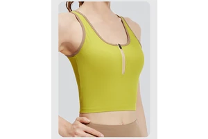 Women's Zippered Contrasting Color Yoga Tank Striped Slim-Fit Breathable Sleeveless Top Fixed Padded Shock-Proof Polyester