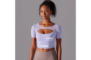 Women's Mesh Breathable Hollow Out Double-Layer Short Sleeve Strap Push-Up Sports Bra Running Fitness Solid Color Yoga Top