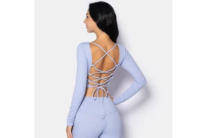 2023 Women's Long Sleeve Padded Breathable Moisture Wicking Sports Yoga Crop Top Cross Sexy Strappy Backless Gym Running Workout