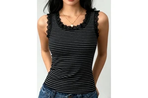 Wholesale Breathable Polyester/Spandex Round Neck Lace Tank Top Women Sports Slim Fit Yoga Fitness Workout stripe Tank Tops