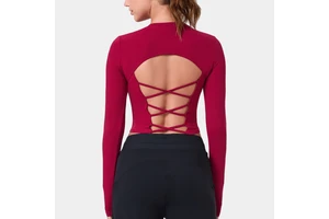 Breathable Cross Backless Long Sleeves Fitness Yoga Top Four-Way Stretch Plus Size Workout Tank Top Fixed Cup Gym Shirts