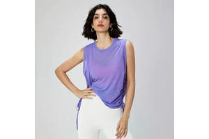 Slub Yarn Summer Breathable Yoga Vest Women's Round Neck Sleeveless Blazer Hem Drawstring Yoga Smock