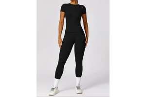 Women's Crew Neck Short Sleeve Crop Top Four-Way Stretch Slim Fit 2-Piece Yoga Set Spandex/Nylon Sports Outdoor Fitness Wear