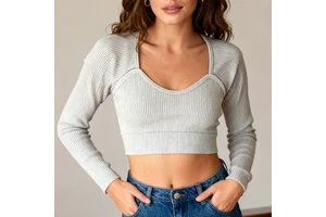 Women Seamless Ribbed Long Sleeve Crop Top V Neck Skinny Four-Way Stretch Sweat-Wicking Knitted Yoga Gym Workout T-Shirt Casual