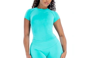 Womens Seamless Yoga Top Short Sleeve Tight-Fitting Spandex/Nylon Quick-Drying Highly Stretchy Fitness T-Shirt