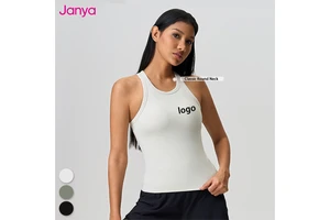 Janya Women's Yoga Gym Running Vest Round Neck Soft Tops Custom Logo Breathable Four-Way Stretch Workout Racer Back Tank Top