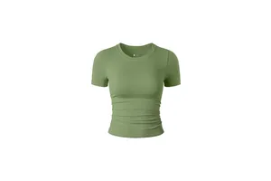 Direct Factory Sale Plus Size Women's Breathable Seamless Ribbed Yoga Top Short Sleeved Four Sided Elastic Round Neck Yoga Top